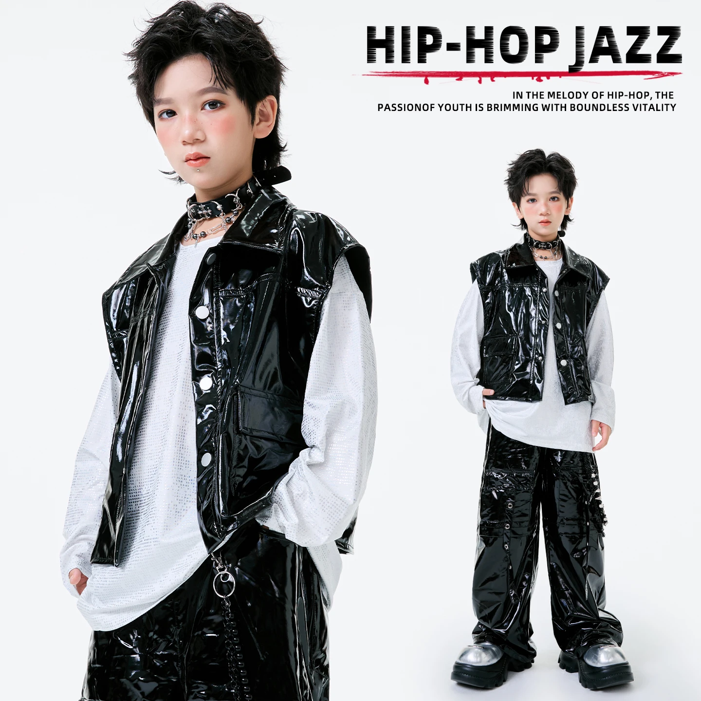 

2025 Children Black Leather Vest Hiphop Pants Streetwear Jazz Dance Costumes For Boys Girls Hip Hop Performance Clothes DQS21195