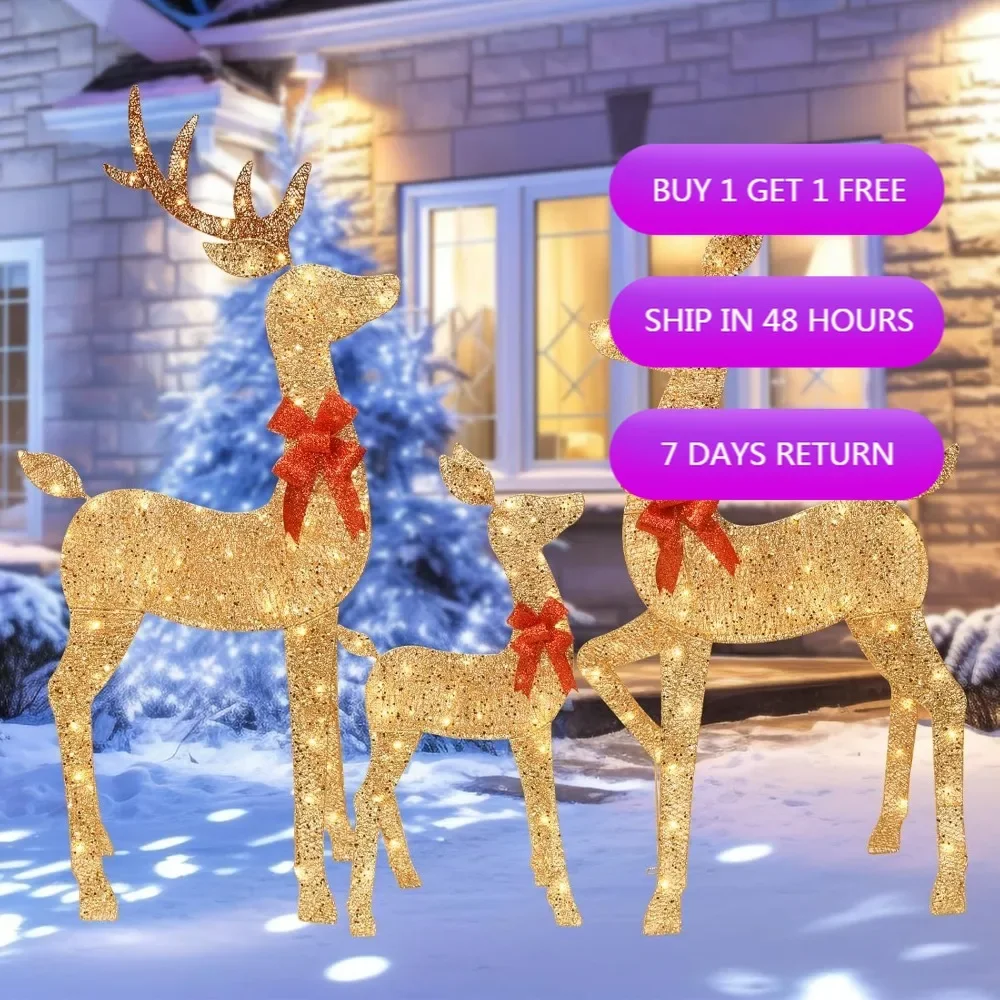 مجموعة عائلة الرنة المضاءة المزخرفة لعيد الميلاد في الهواء الطلق بطول 5 أقدام - غزال ثنائي الأبعاد مكون من 3 قطع مع 160 مصباح LED أبيض دافئ #1