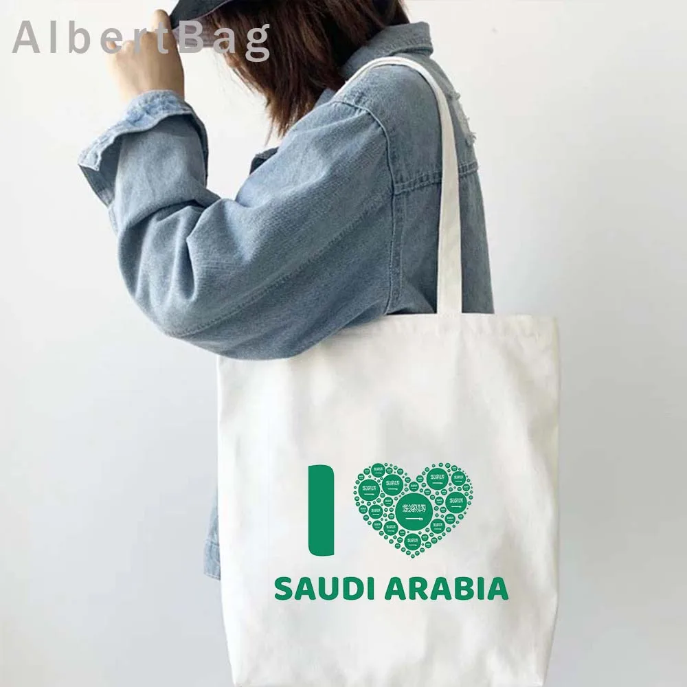 Happy Saudi National Day Arabia Emblem Flag Map Canvas Totes Bags Jordanian JEDDAH Prince Mohammed Arabian Gifts Cotton Handbags