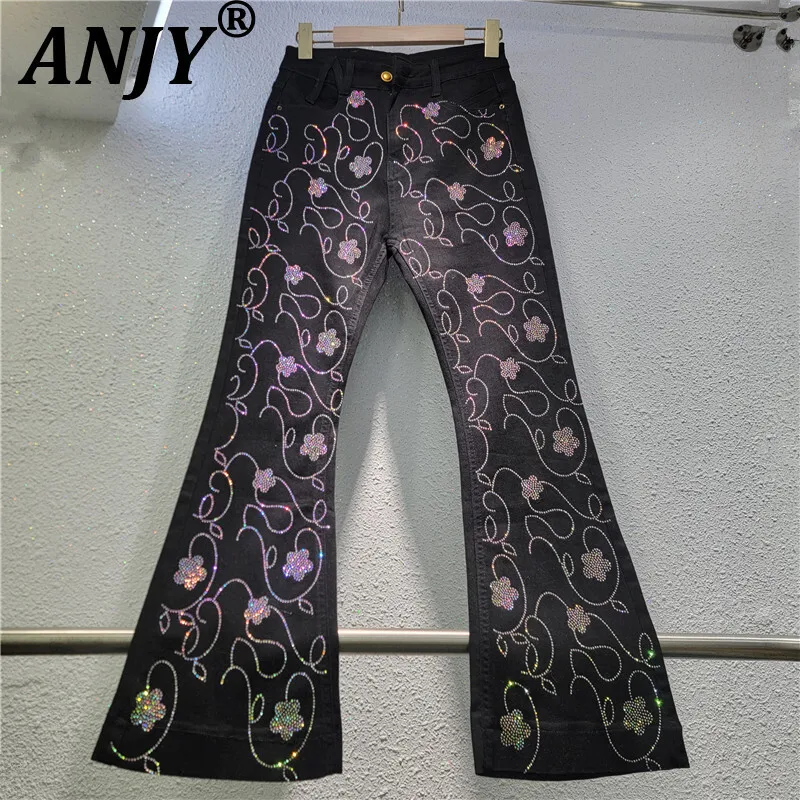 

ANJY Autumn New Women Chic Y2K Jeans Heavy Craft Studded Colorful Diamonds High Street Elegant Stylish Bootcut Denim Pants A9376