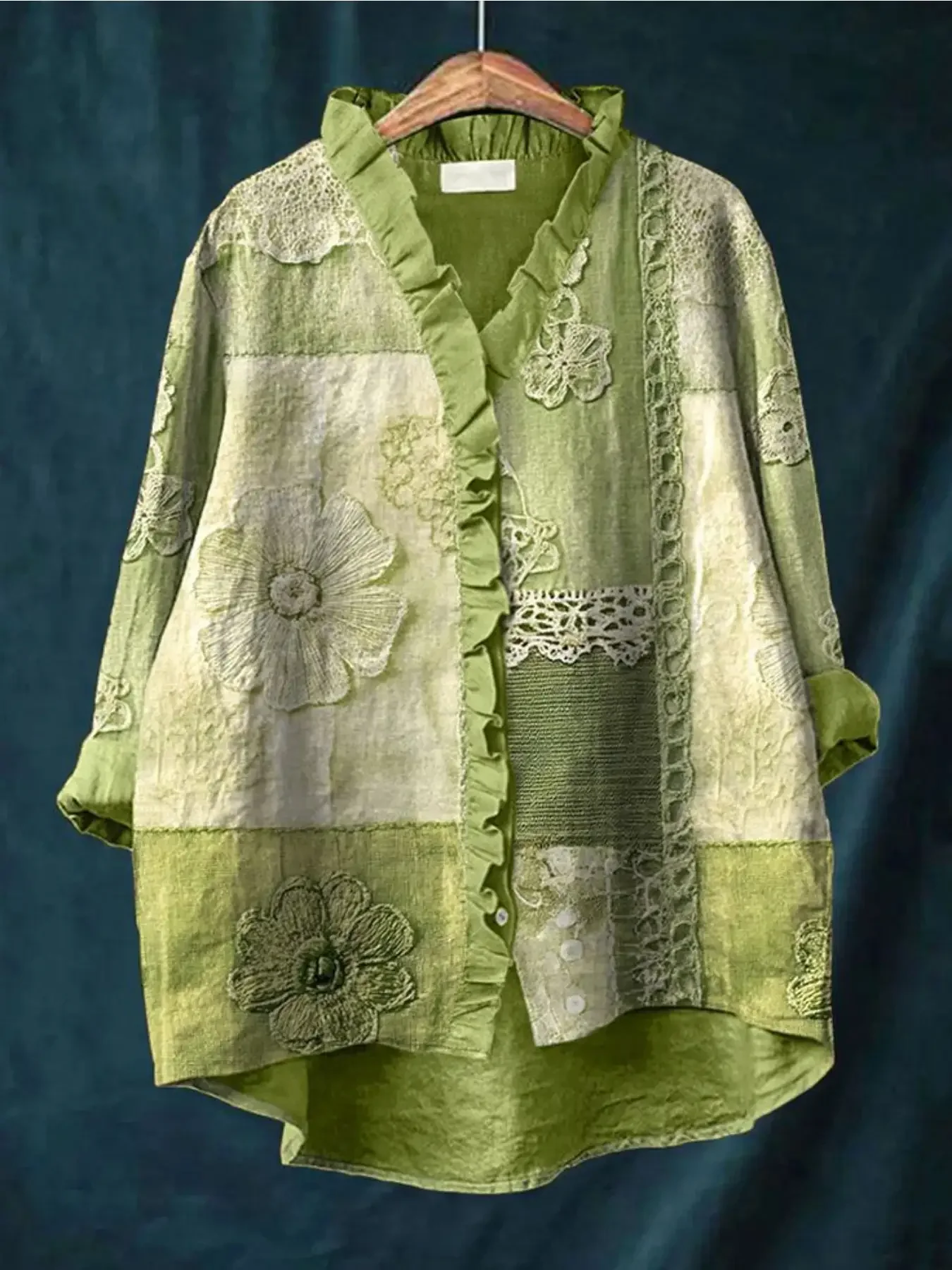 

New V-neck casual top, women's long sleeved lace shirt, Gold and olive green full body print