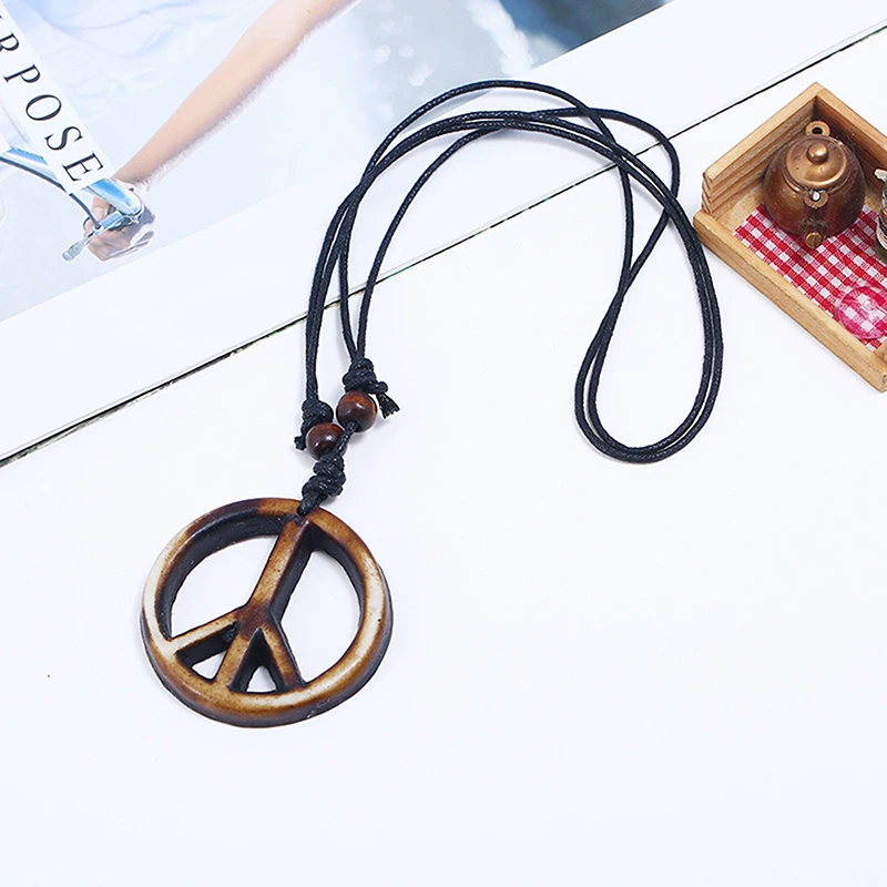 Retro Handmade Peace Symbol Pendant Necklace Long Rope Chain Ethnic Jewelry