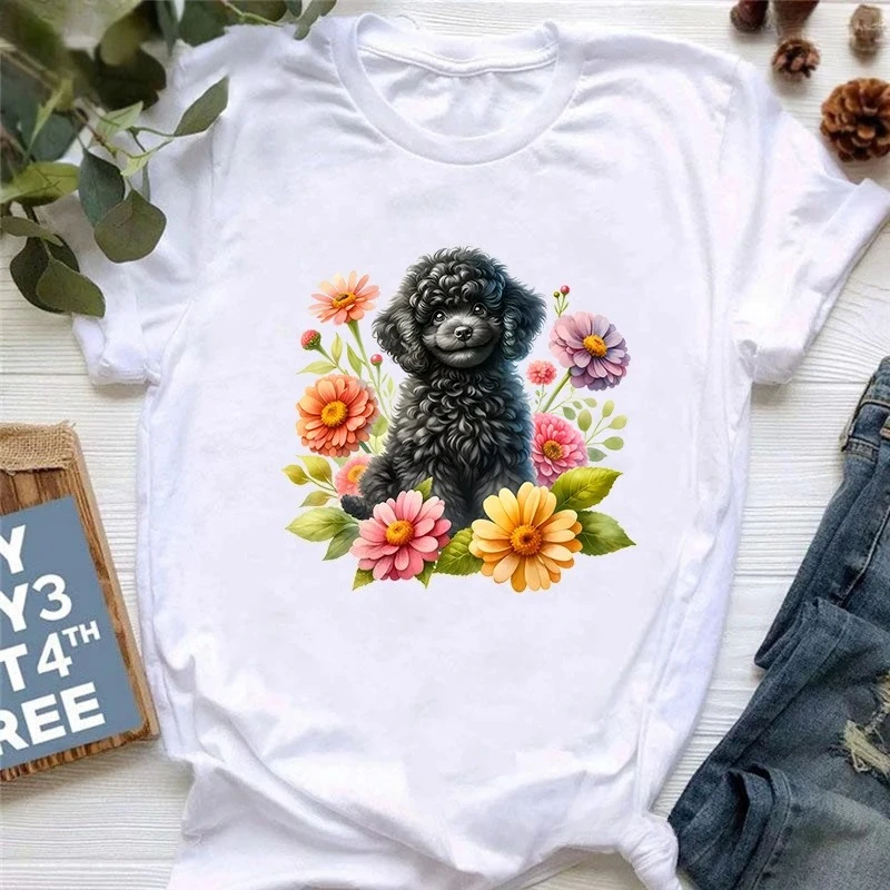 Black Poodle Puppy Animal Printed Tshirt Girls Kawaii Dog Lover T Shirt Women Harajuku Shirt Summer Fashion T-Shirt Female Y2K