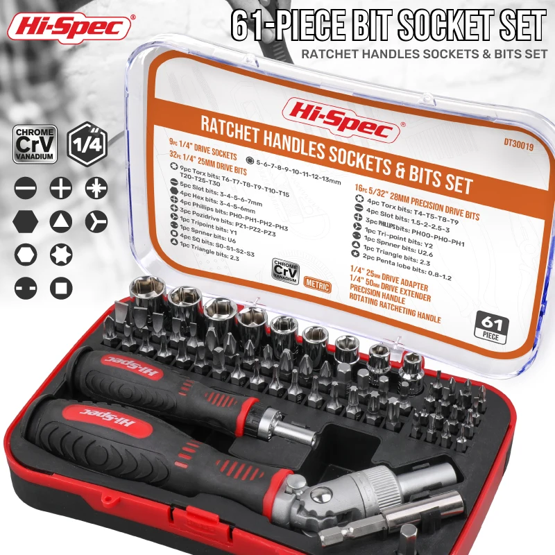 

Hi-Spec 61pc Car Tool Kit Auto Repair Tool Sets Ratchet Socket Wrench Set CRV Screwdriver Bit Set Household Tools Repair Kit