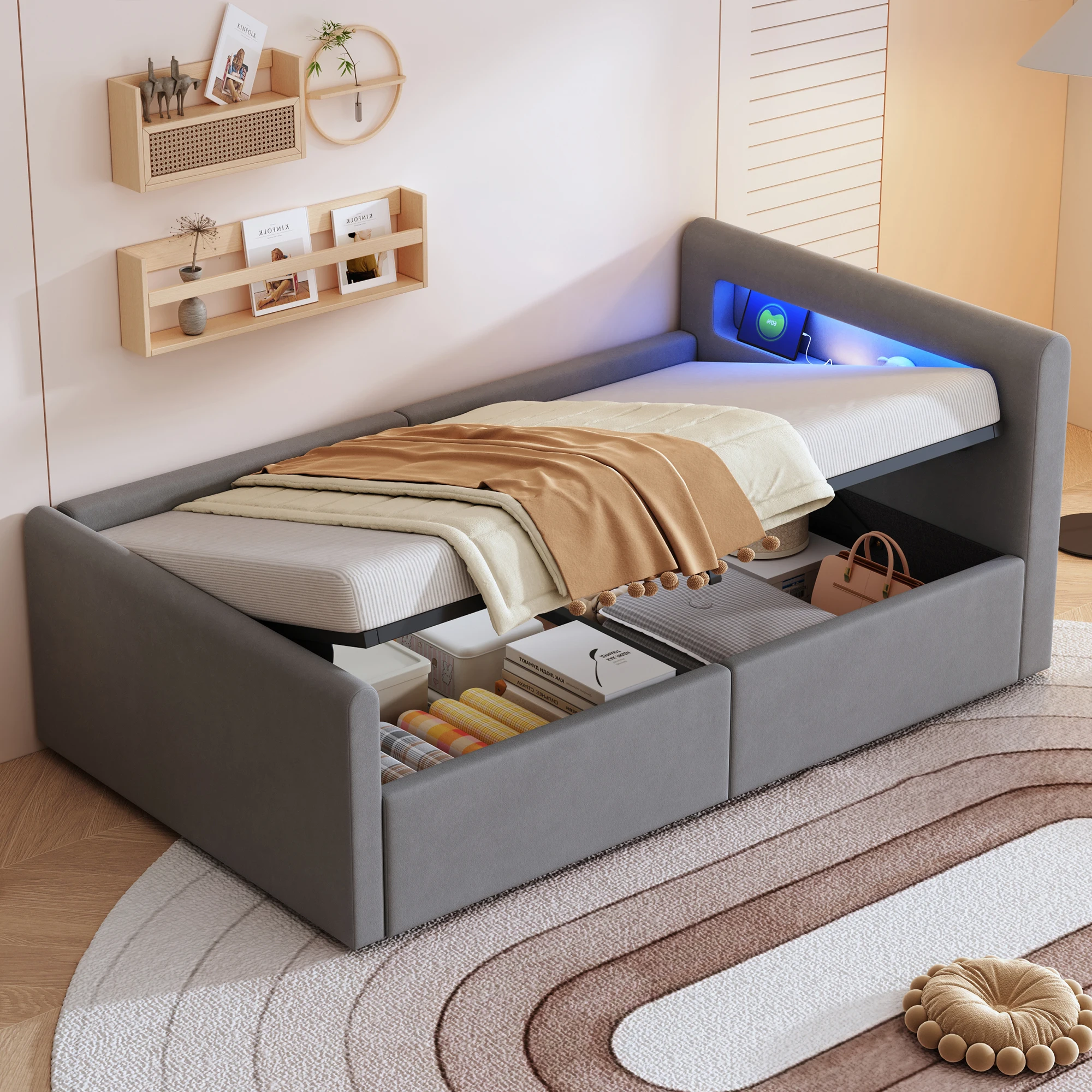 Lit coffre 90x200 cm - Lit simple avec rangement et LED, port USB, tissus velours et métal, sans matelas - Gris clair