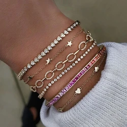 2025 Valentine's Day Gift Gold Color Geometric Cluster Heart Shape Bezel Round CZ Tennis Chain Bracelet Fashion Women Jewelry