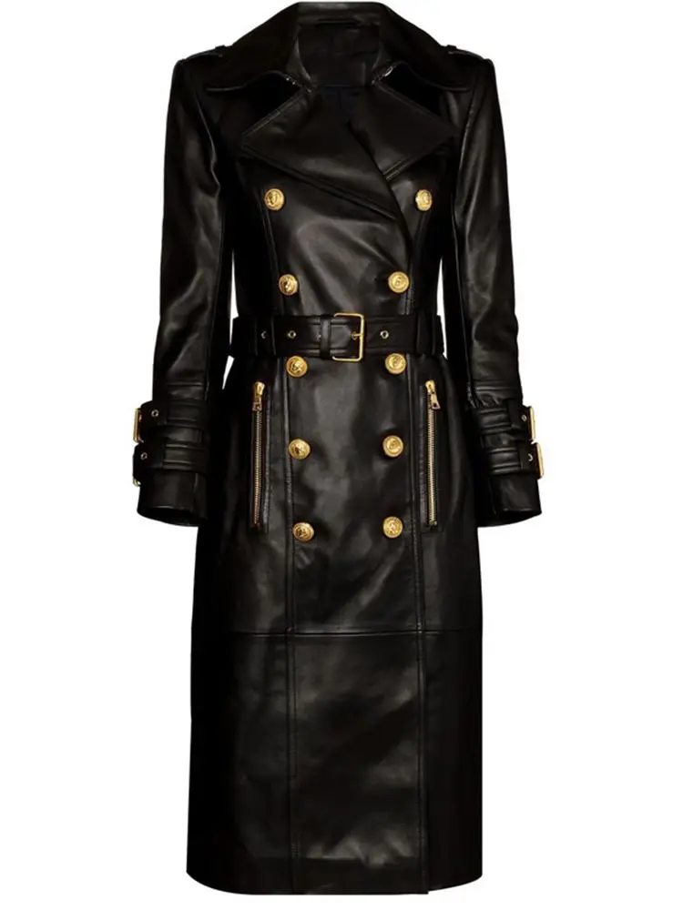 Modphy New Winter Luxury Design Double Breasted Black PU Leather Long Coats For Ladies Quality Street Women Trench With Belt