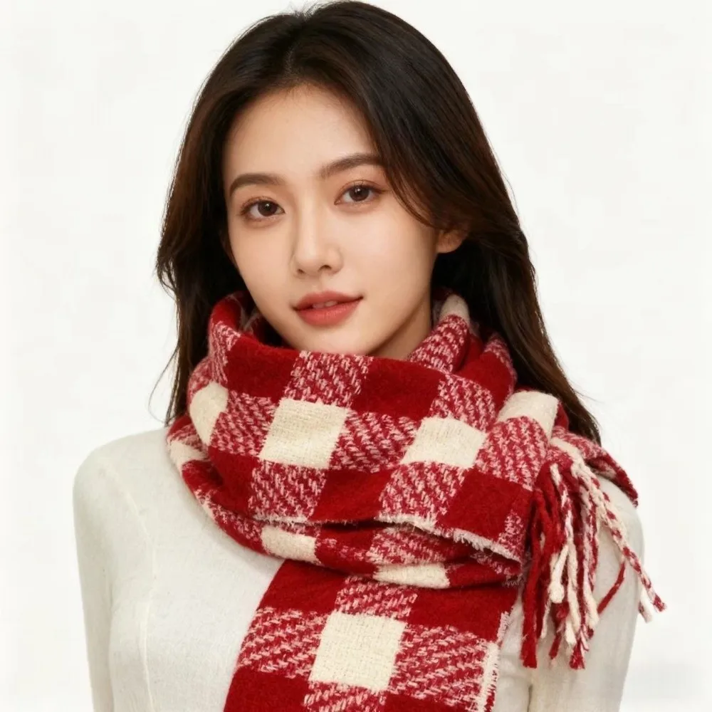 

Temperament Checkered Wool Tassel Scarf Coldproof Thicken Winter Cashmere Scarves Long Korean Style Women Cashmere Shawl Female
