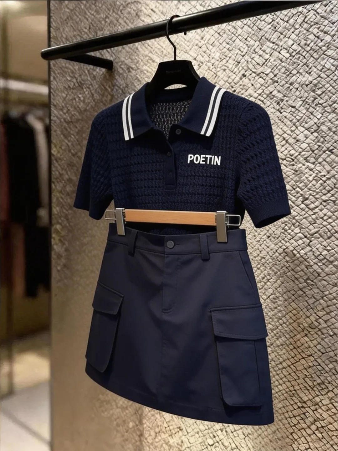 

Ouzhiyan Tibetan Blue Knitted Shirt Workwear Collared Half Skirt Two Piece Set Commute Ensemble Summer New Arrival