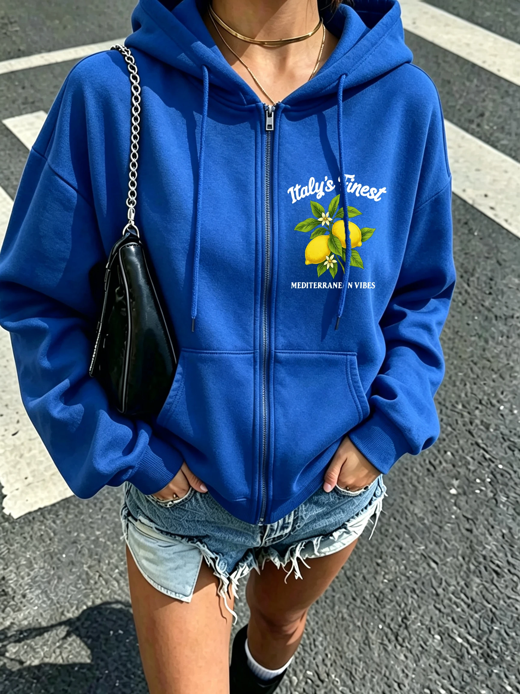 Italy'S Finest Lemons Fruit Pattern Zipper Hoodies Women Casual Autumn Streetwear Fleece Hip Hop Hoody Zip-Up Oversize Clothing