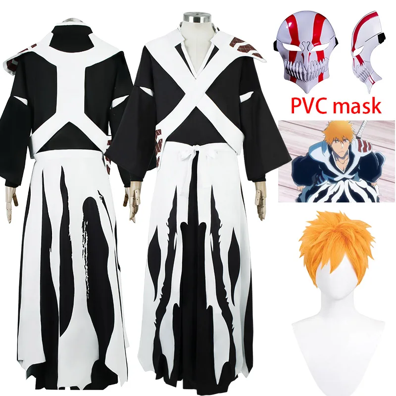 

Kurosaki Ichigo Cosplay Mask Wig Anime BLEACH Cosplay Costume Black Kimono Uniform Outfit Halloween Costume for Men Comic