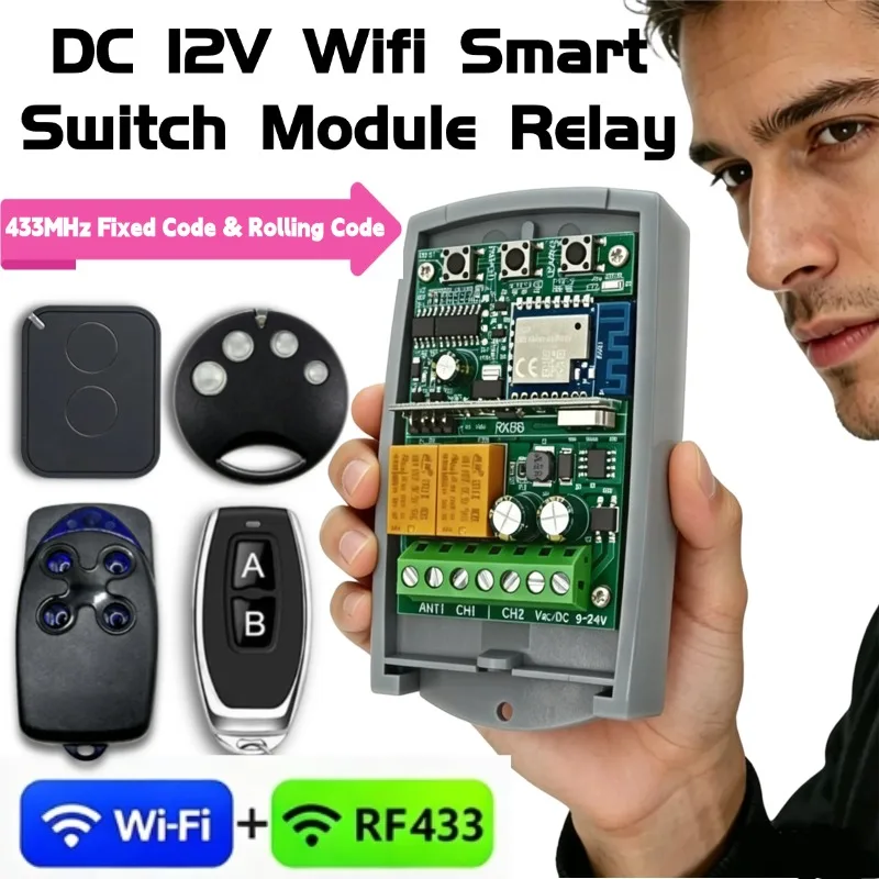 

DC12V Tuya WIFI Garage Door Opener Gate Receiver 2ch 433mhz 433.92mhz Universal Fixed Rolling Code Multi Brand Controller Switch