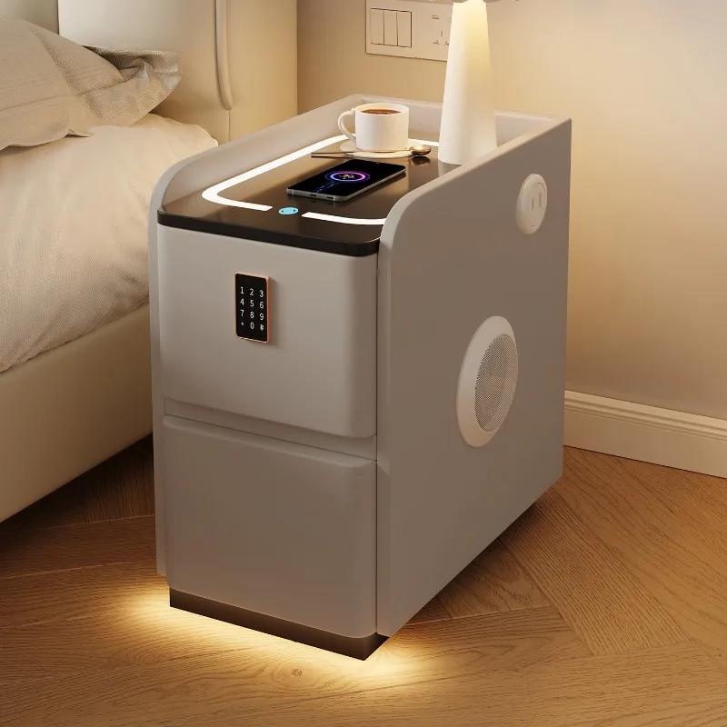 Smart Narrow Nightstand Premium Solid Wood Bedside Table Minimalist Bedroom Storage Compact Charging Cabinet for Small Spaces