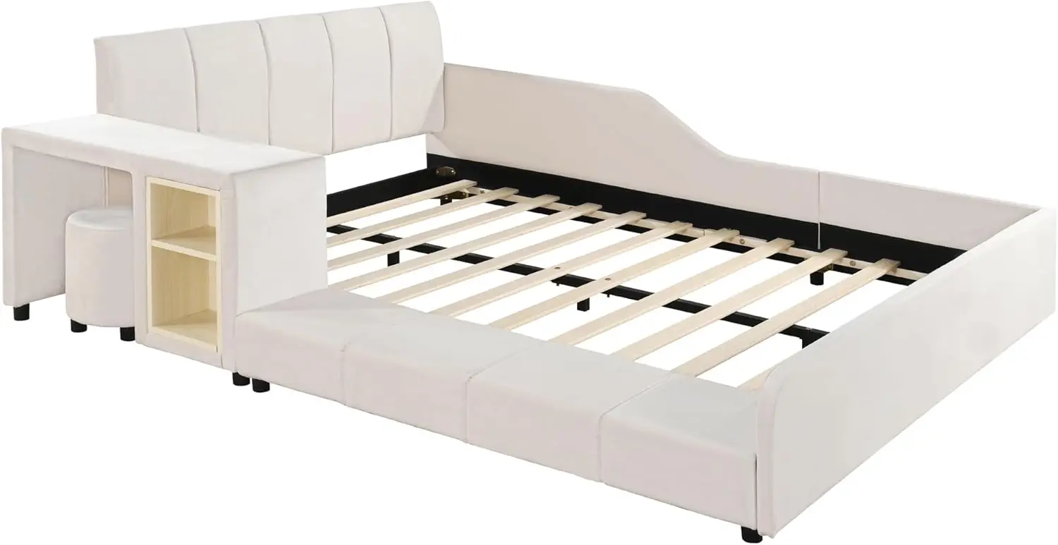 Cama aterrado estofada tamanho completo para mãe e filho, tecido de veludo, cama plataforma do assoalho com mesa de cabeceira e pouco