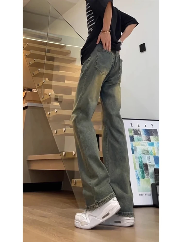

Retro Waed Blue Denim Jeans Men's High Street Straight Leg Micro Flared Pants Lengthening Effect American Vibe Youth Faion