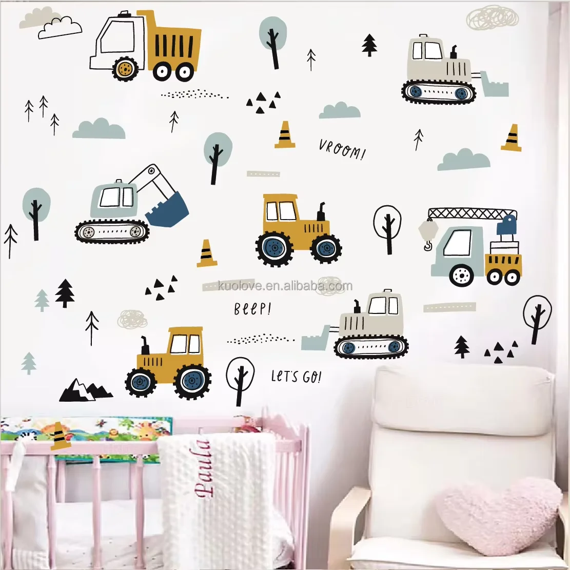 cartoon engineering vehicle wall sticker for kids room self adhesive baby nursery wall decal