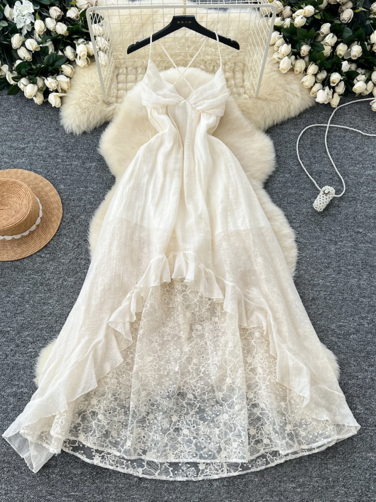 Vaion Feel Vestido de mujer Aósfera de hadas Cintura alta Empalme de encaje Vestido largo asimétrico Estilo coreano Viaj...