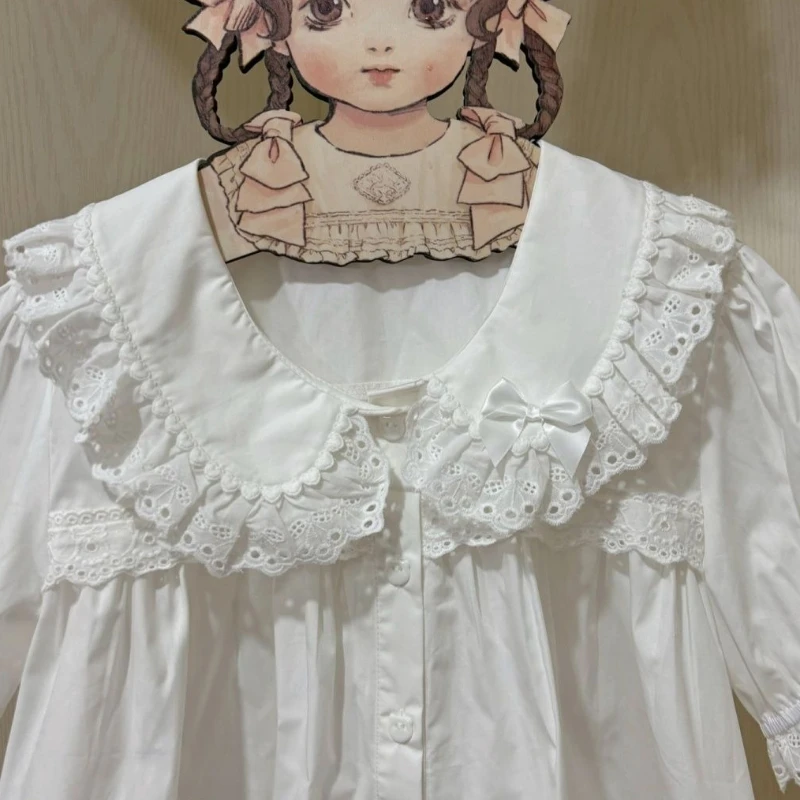Japanese Kawaii Lolita Style Women Blouses Sweet Lace Peter Pan Collar Detachable Sleeve Shirts Girls Cute Casual White JK Tops