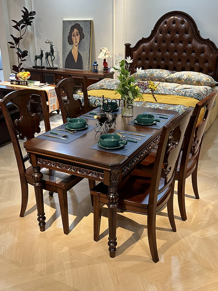 XL American pure solid wood dining table and chair combination carved all log rectangle