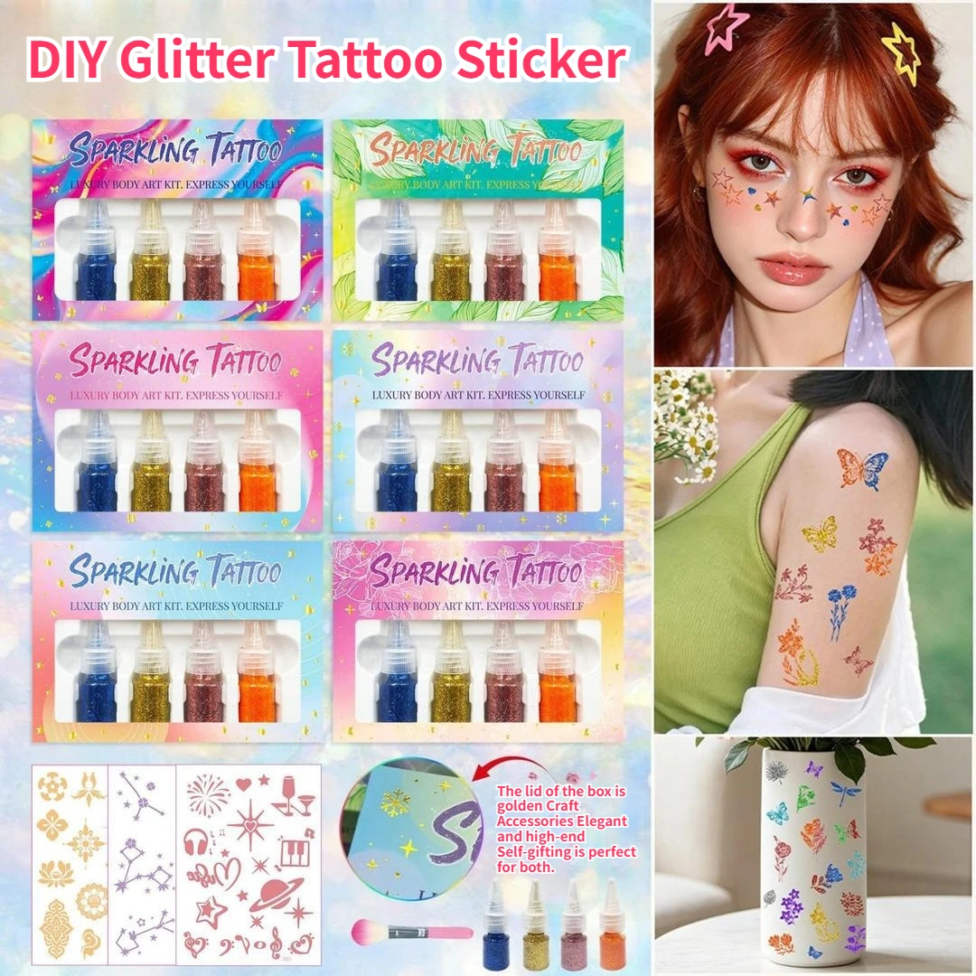 B New Temporary Tattoo Set DIY Kit 4 Bottles Glitter Powder 6 Sheets Temporary Tattoo Set Beach Party Festival Makeup