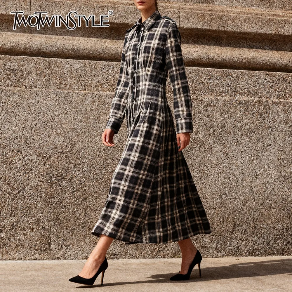 

TWOTWINSTYLE Elegant Slimming Dresses for Women Lapel Long Sleeve High Waist Split Fashionable Plaid Long Dress Female Autumn