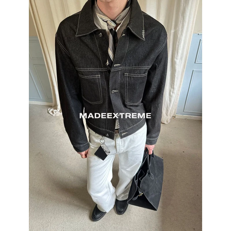 

EME осенне-зимний винтажный короткий широкий комплект джинсовой куртки из натуральной кожи с двойным карманом и отложным воротником для мужчин и женщин