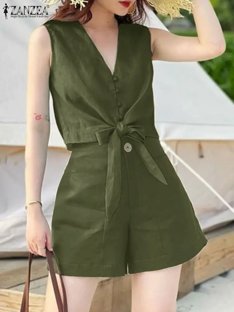 2024 ZANZEA Summer V Neck Sleeveless Blouse Short Sets 2PCS Women Fashion Solid Holiday Tracksuit Casual Beach Trousers Suits