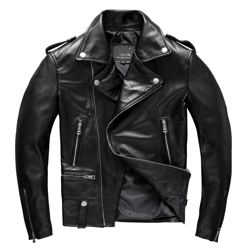 Men's Spring Classical Motorcycle Oblique Zipper Jacket Cowhide Genuine Leather Jacket Natural Calf Skin Thick Slim Biker Coat