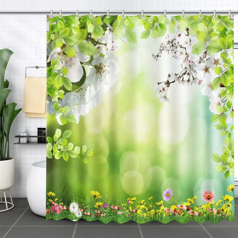 

Spring Flower Shower Curtain Flowering Field Fresh Green Grass Leaves Bath Curtains Bathroom Decor Waterproof with Hooks Screens