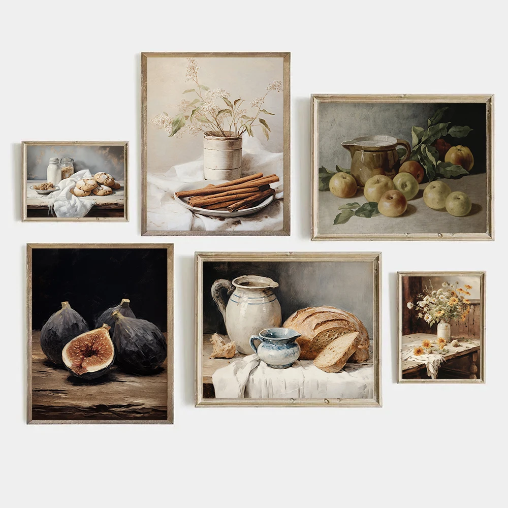 Antique Vintage Kitchen Food Still Life Sourdough Bread Fruits Wine Poster Canvas Painting Wall Art Pictures Home Shop Decor
