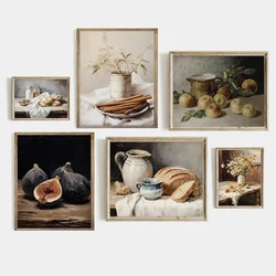 Antique Vintage Kitchen Food Still Life Sourdough Bread Fruits Wine Poster Canvas Painting Wall Art Pictures Home Shop Decor