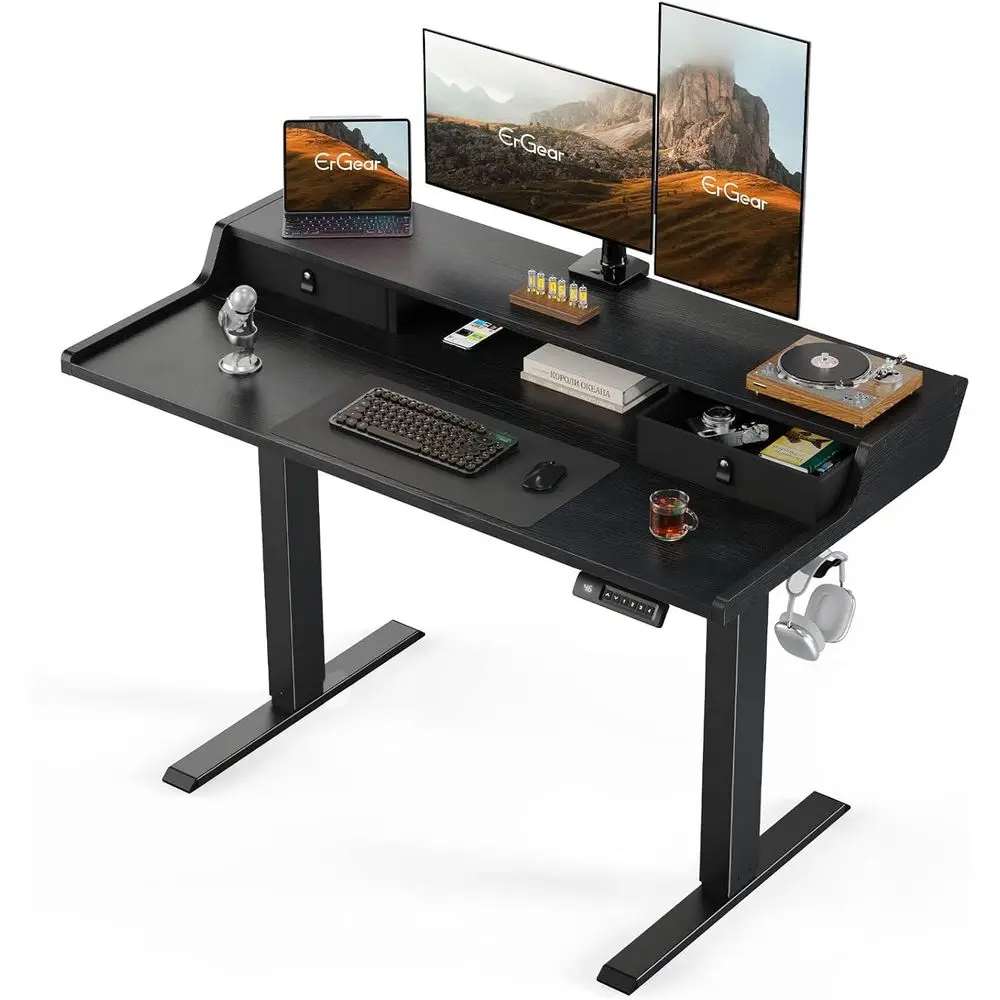 

Height-Adjustable Standing Desk with Storage Shelf, 48x24 Gaming Table, 4 Preset Heights, Black