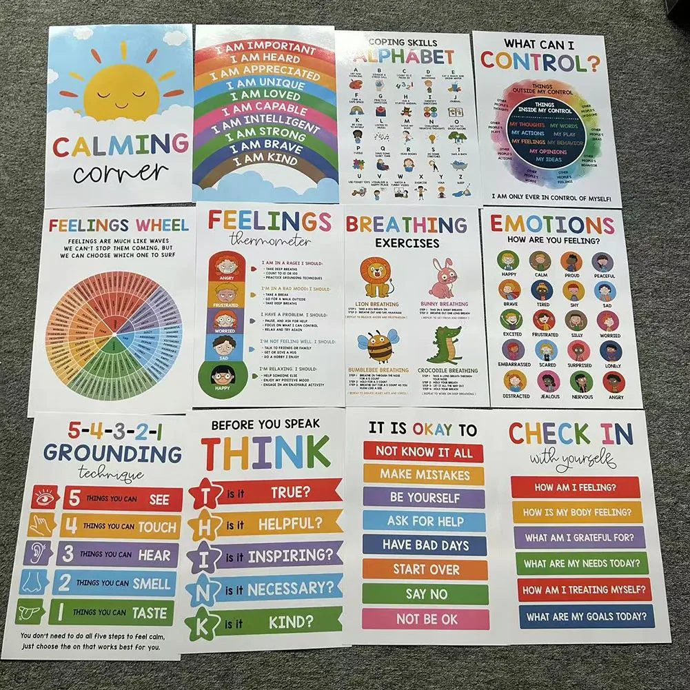12pcs Mental Health Psychology Coping Skills Poster Kids Calming Corner Posters Classroom Emotions Painting Wall Art Picture