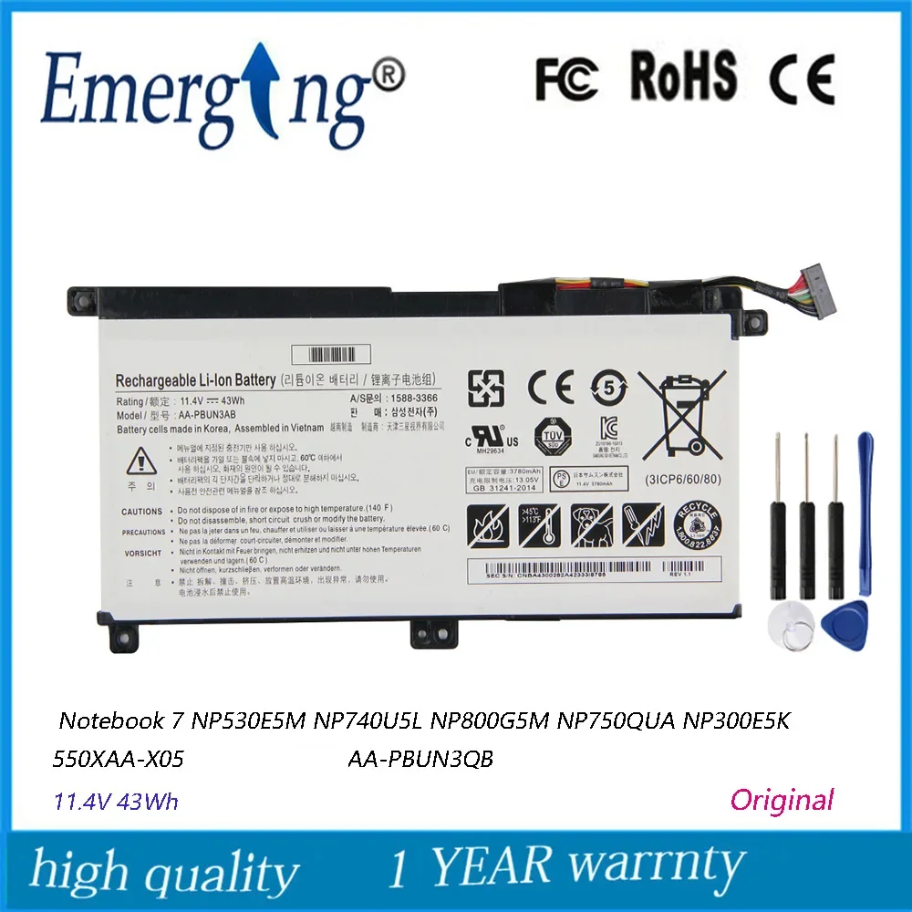 

11.4V 43WH 3950mAh New AA-PBUN3AB AA-PBUN3QB Battery for Samsung Notebook 7 NP530E5M NP800G5M NP740U5L