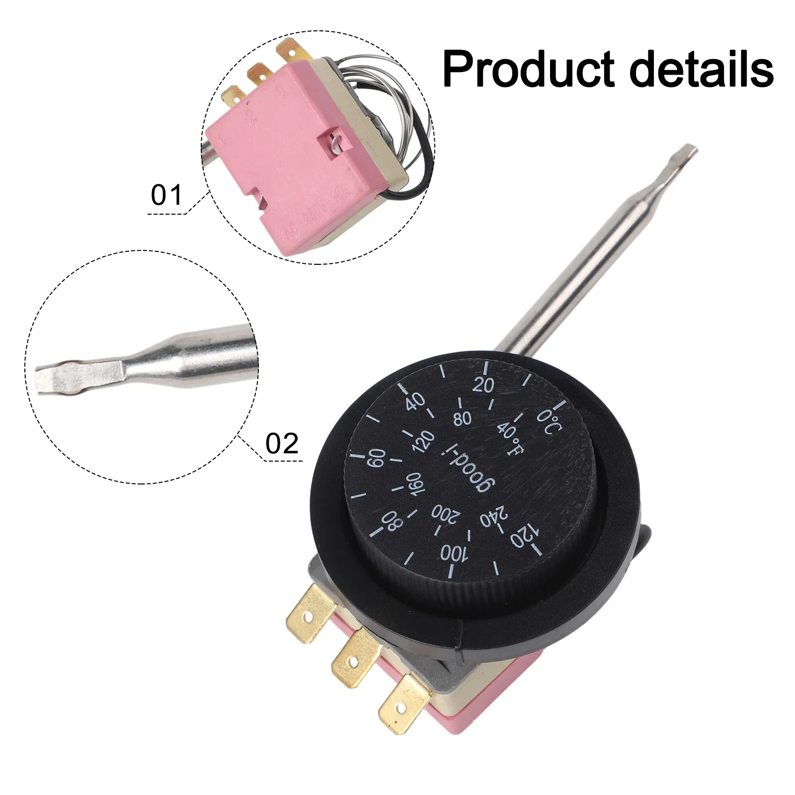 Air conditioning temperature controller knob built in thermostat 0 to 120 degrees with 1m sensing wire and 75mm sensing rod