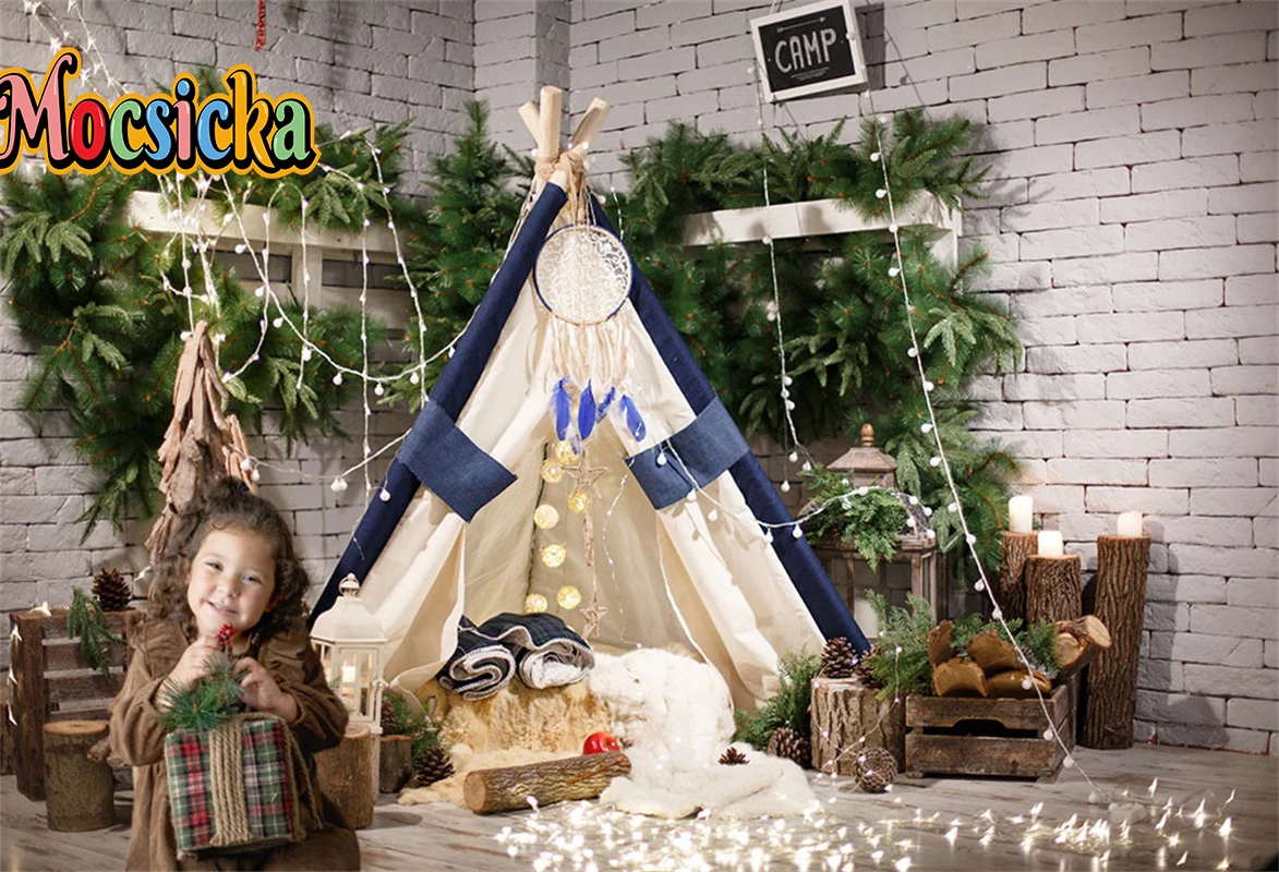 

Merry Christmas Photography Background Decor Xmas Wood Tree Tent Brick Wall Family Portraits Backdrop Custom Props Studio