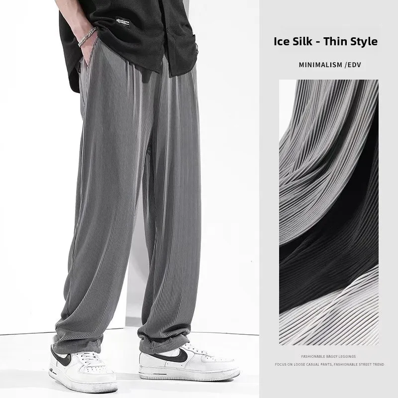 

Ice Silk Men's Summer Thin Loose Straight Leg Trousers Drapey Casual Spor High Street Cool Versatile Lightweight Long Pants