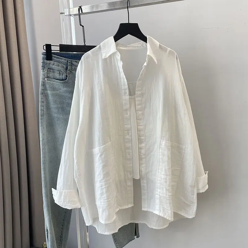 

Women's Long Sleeve Cotton Shirt Double Layer Sun Protection Open Cardigan Summer Layering Pure Color Outerwear White Shirt E...