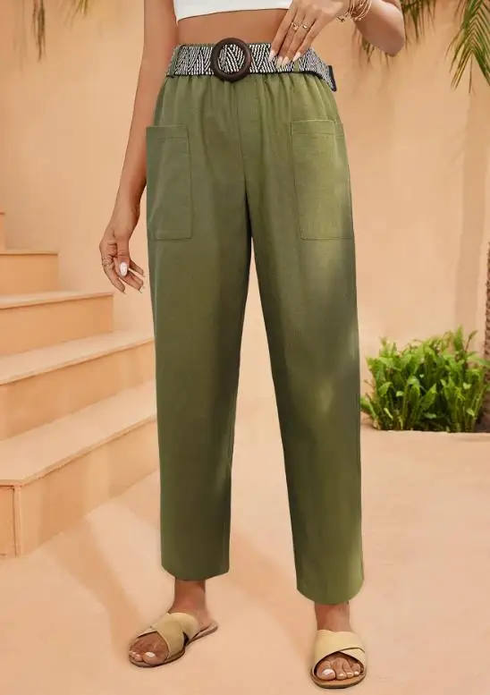 

New Women's Casual Work Pants with Elastic High Waist and Belt Straight Leg Wide Leg Pants
