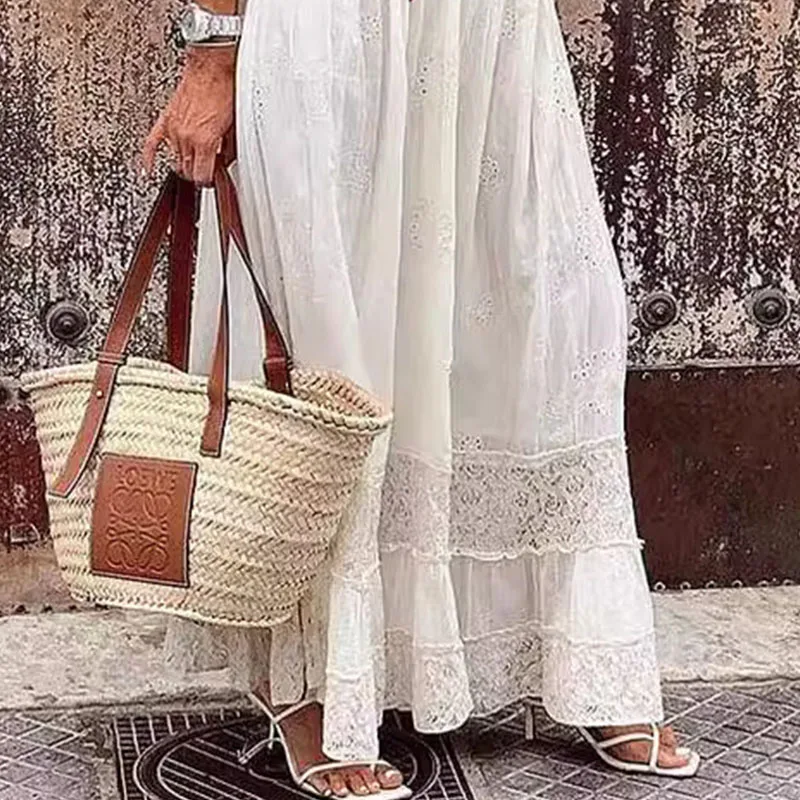 فستان نسائي طويل غير رسمي بلون سادة فستان صيفي مفرغ من الدانتيل ماكسي فيستدوس أنيق صيفي للحفلات المسائية فساتين فيستدوس