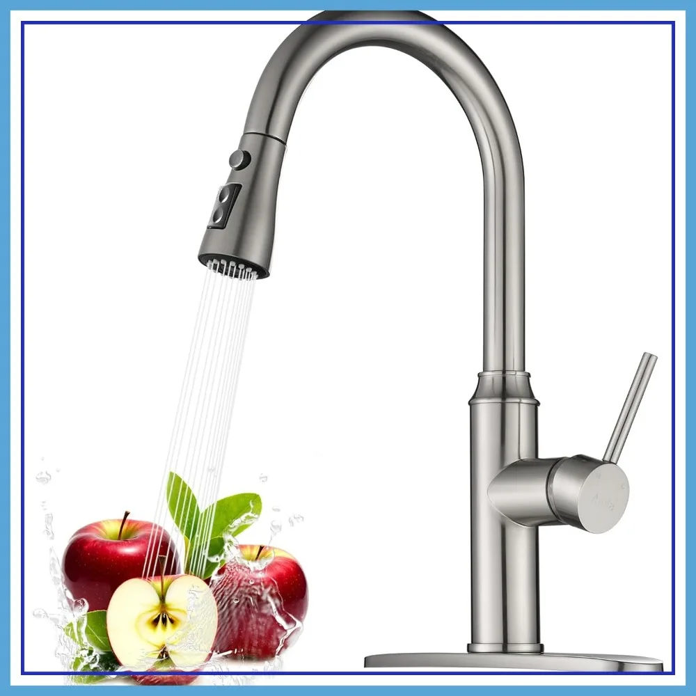 

Pull Down Kitchen Faucet, Brushed Nickel, High Arc Stainless Steel, 1-3 Hole, for RV/Laundry/Outdoor/Bathroom Sink