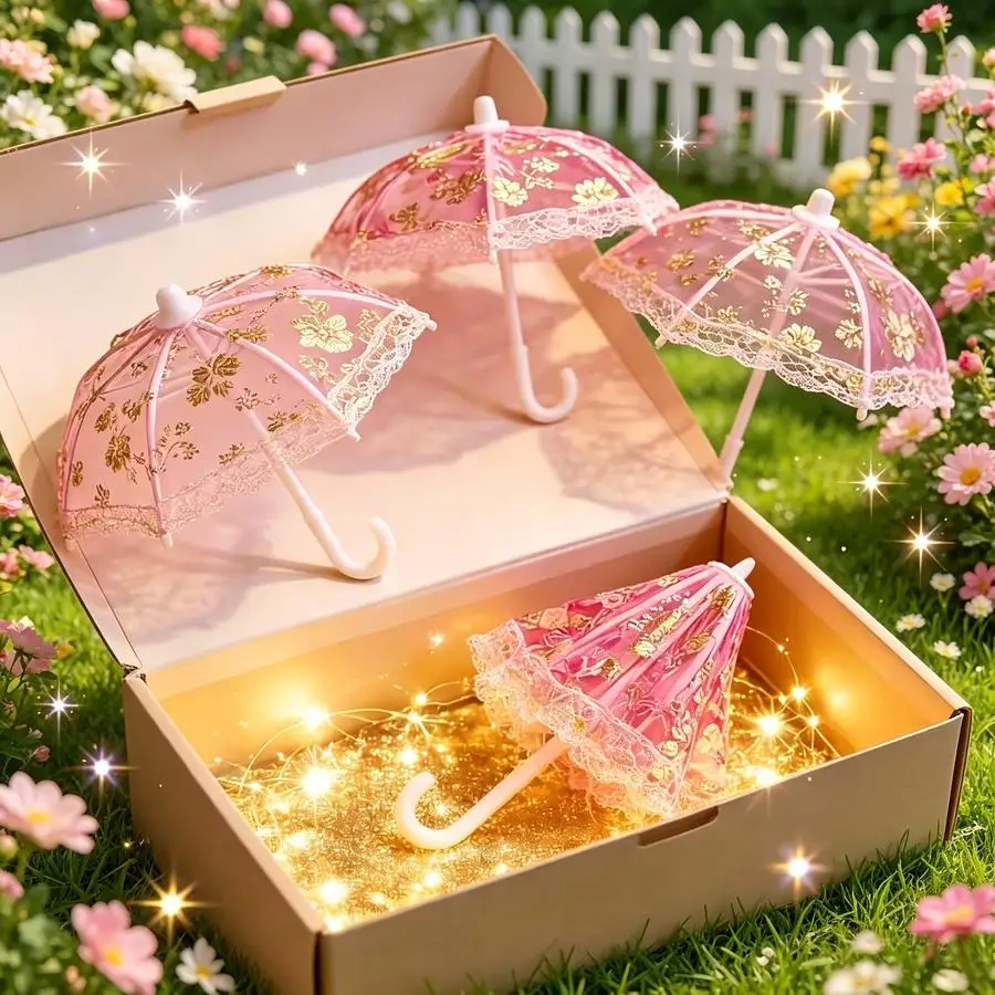 1/5/10/20/50/100pcs Mini Umbrella Set with Bohemian-style Lace Canopy and Golden Accents—Suitable for Dollhouses, Dining Scenes,