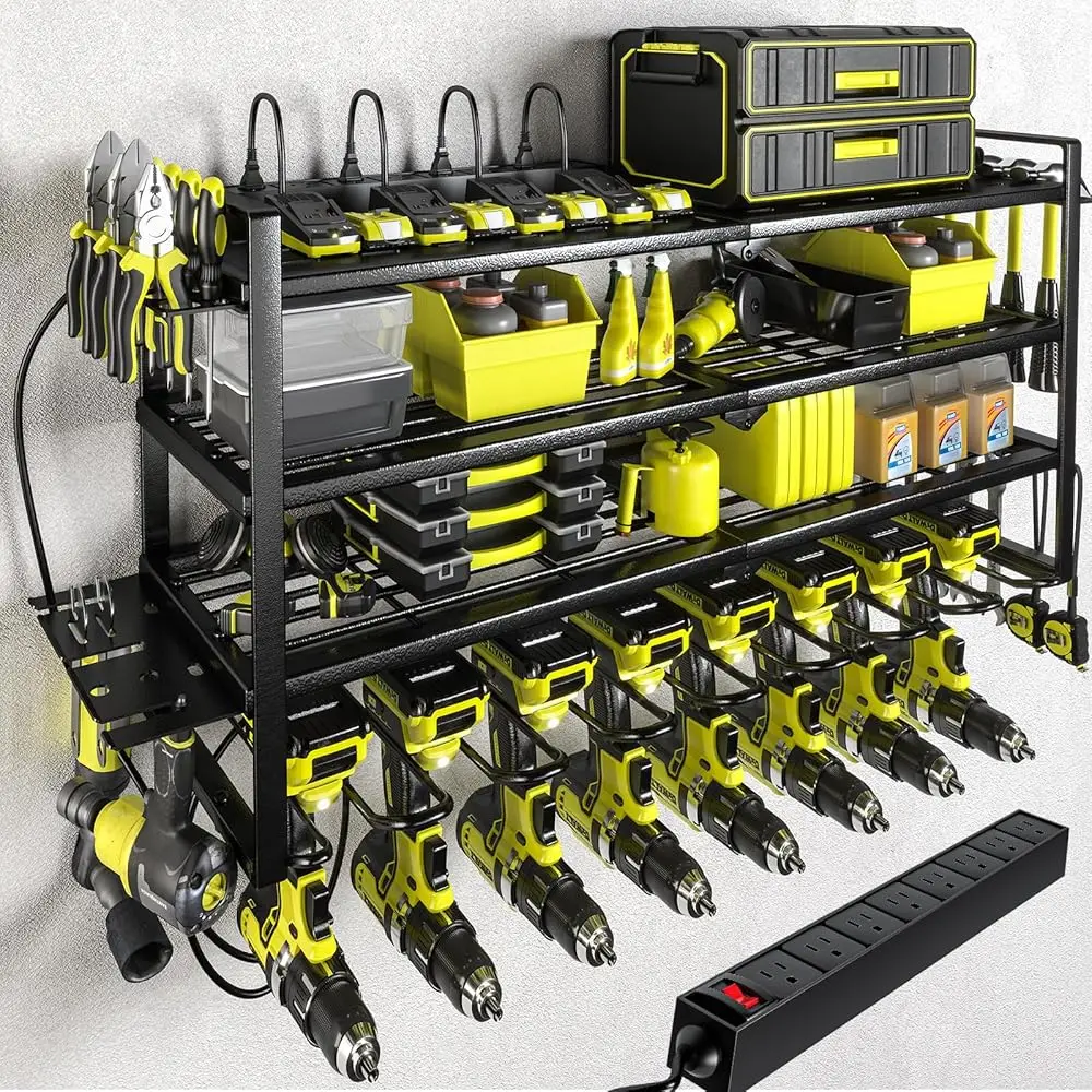 

Power Tool Organizer With Charging Station.Garage 8 Drill Holder Built In 8 Outlets Power Strip,Tool Storage Shelf Wall