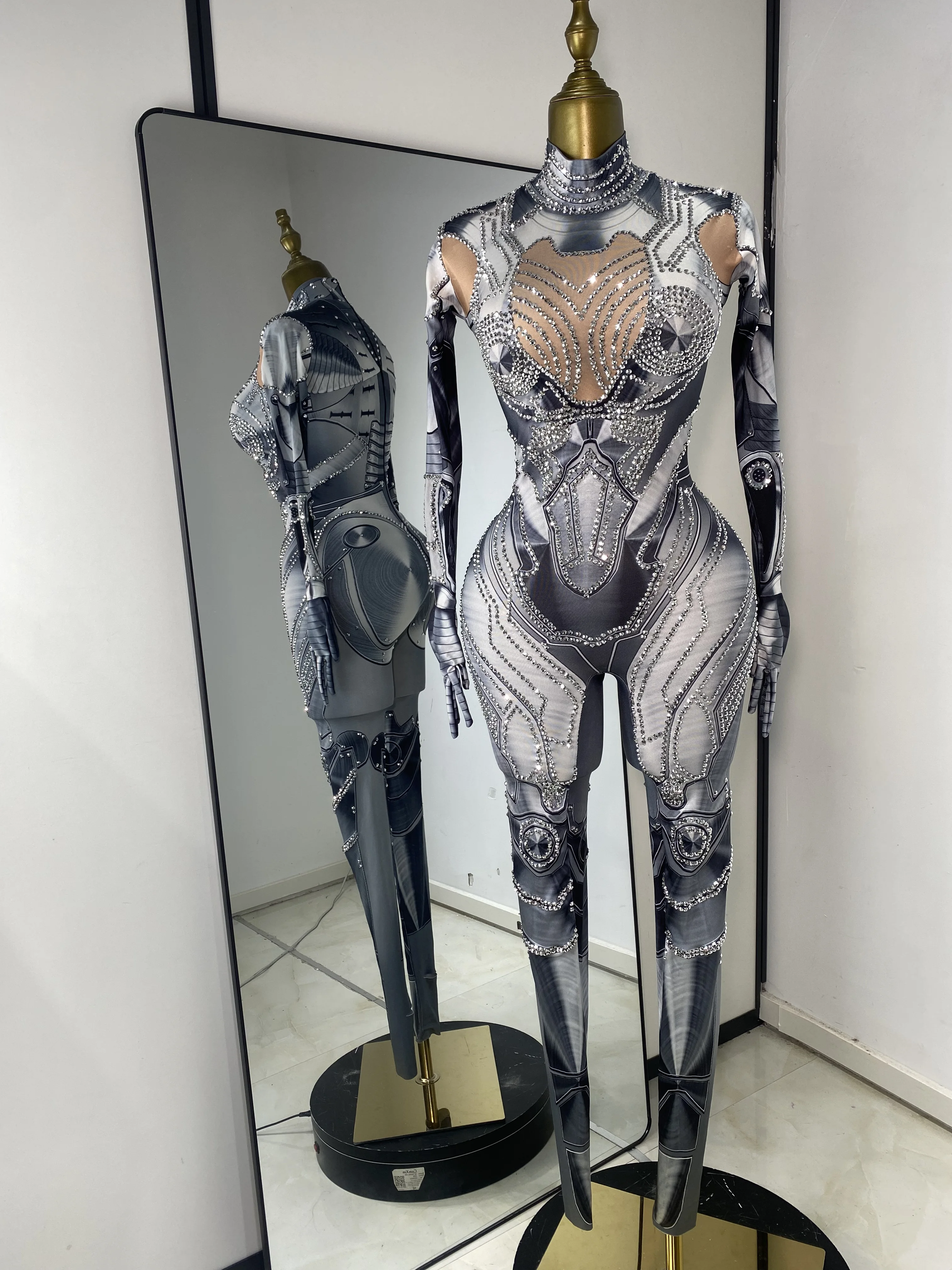 

Rhinestones Printing Spandex High Elastic Bodycon Jumpsuits Dress Special Occassion Robot Cosplay Y2K Party Sparkly Dresses