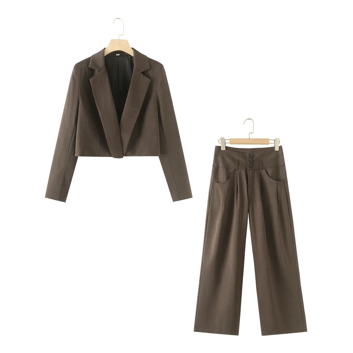 

Work Office Jakcet Pant Two Set New Women Fashion French Shortened Suit Jacket Casual High Waist Button Adorned Wide Leg Pants