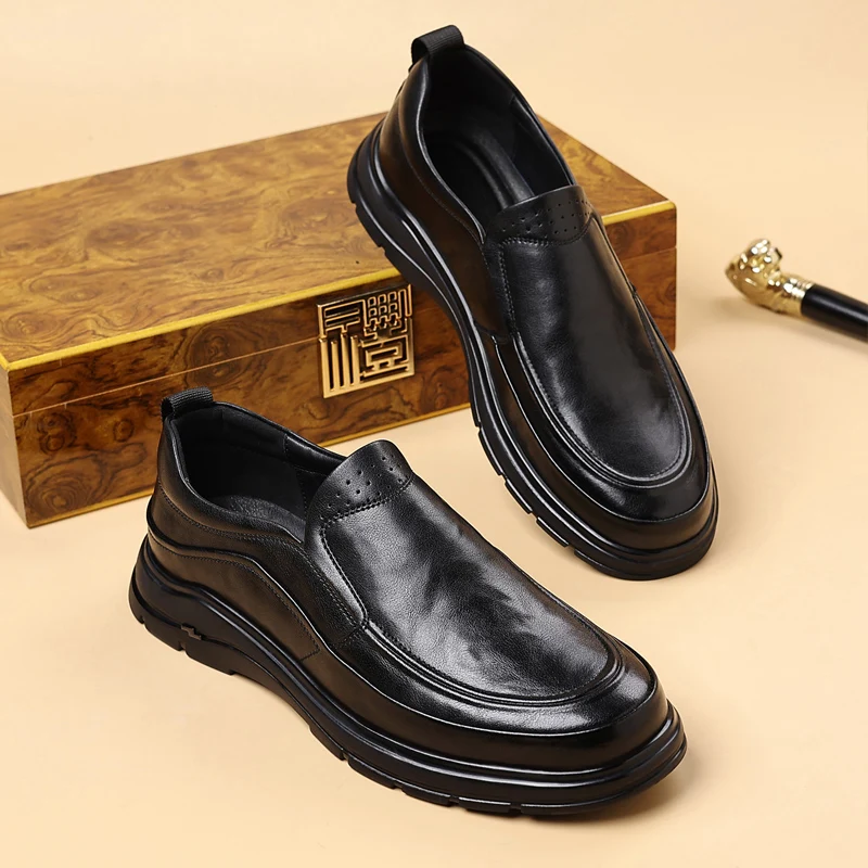 2026 New Men Genuine Leather Casual Shoes EU37-45 Lace Up Thick Sole Comfort Business Walking Dress Shoes