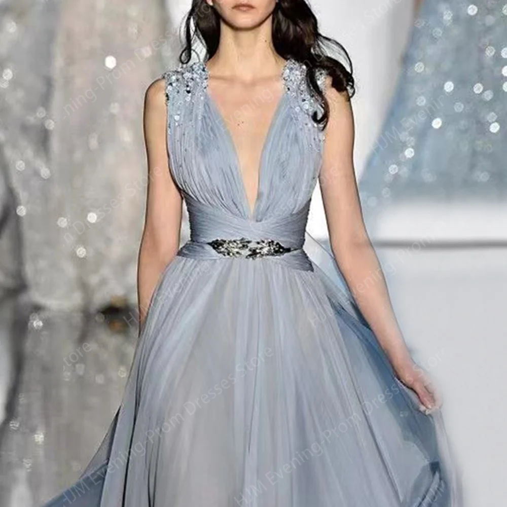 Elegant Long Beads Evening Dresses for Women Tulle V-Neck Floor-Length A-Line Prom Party Wedding Special Events Gala Dress 2024