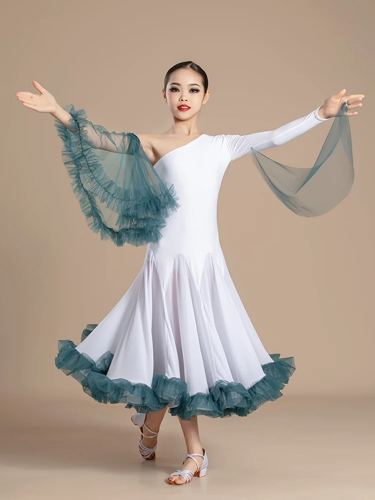 2024 Girls One-Sleeve Ballroom Dance Dresses Standard Dancing Performance Costume Children Waltz Tango Dance Dress VDB7979