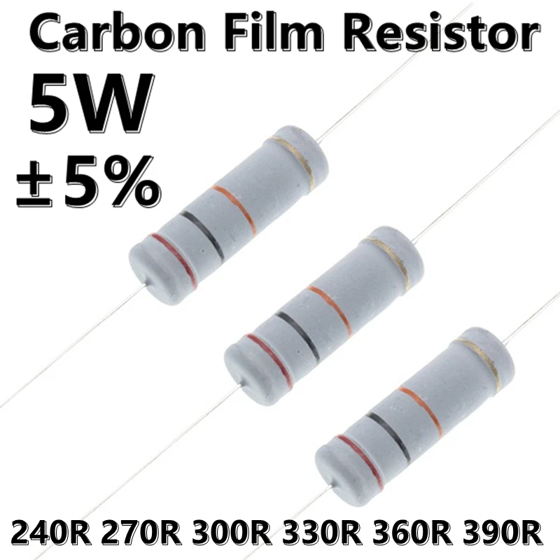 (10pcs) 5W Carbon Film 5% Color Ring Axial Resistor 240R 270R 300R 330R 360R 390R Ω ohm