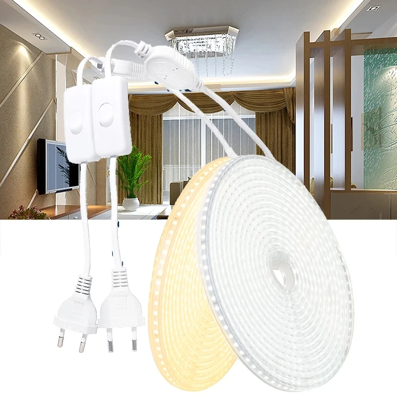 Tira de luces LED impermeable de 220V, alto brillo, 5050 Flexible, para cocina, jardín al aire libre, con enchufe de alimentación de 1M-20M